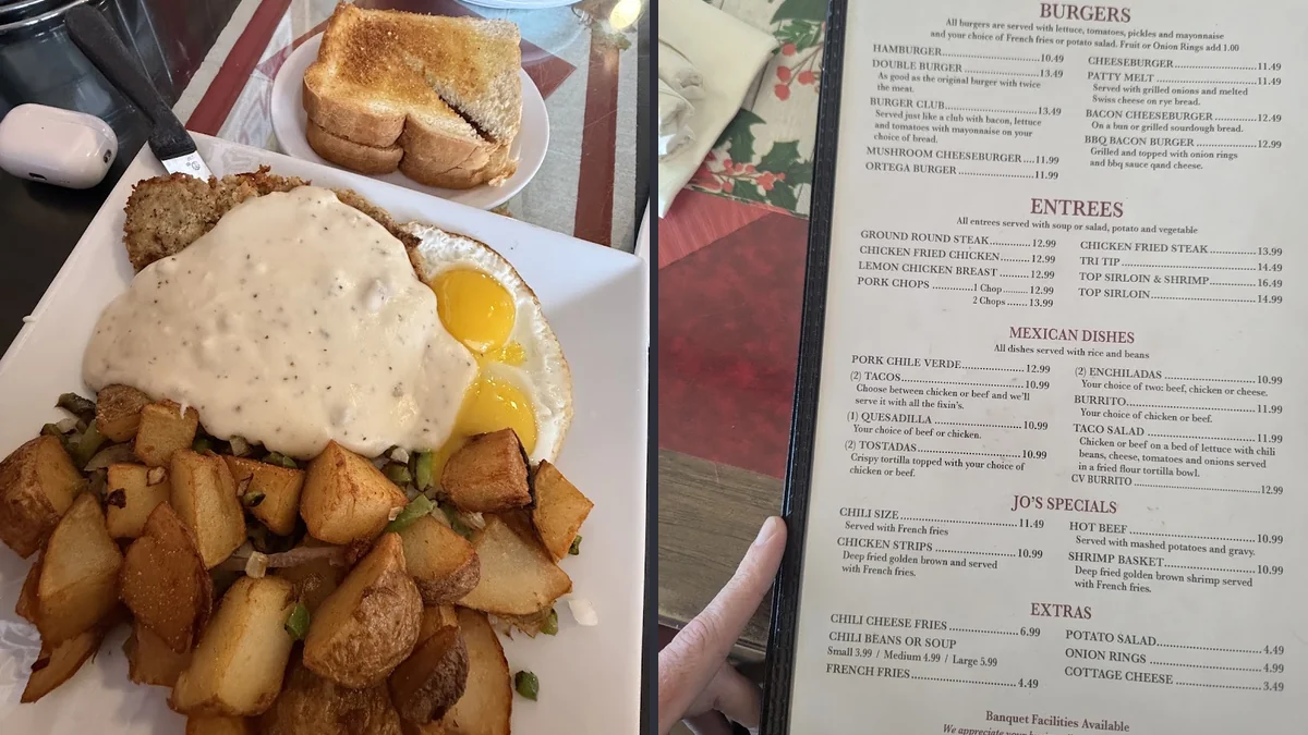 Breakfast tables set inside a small-town diner.