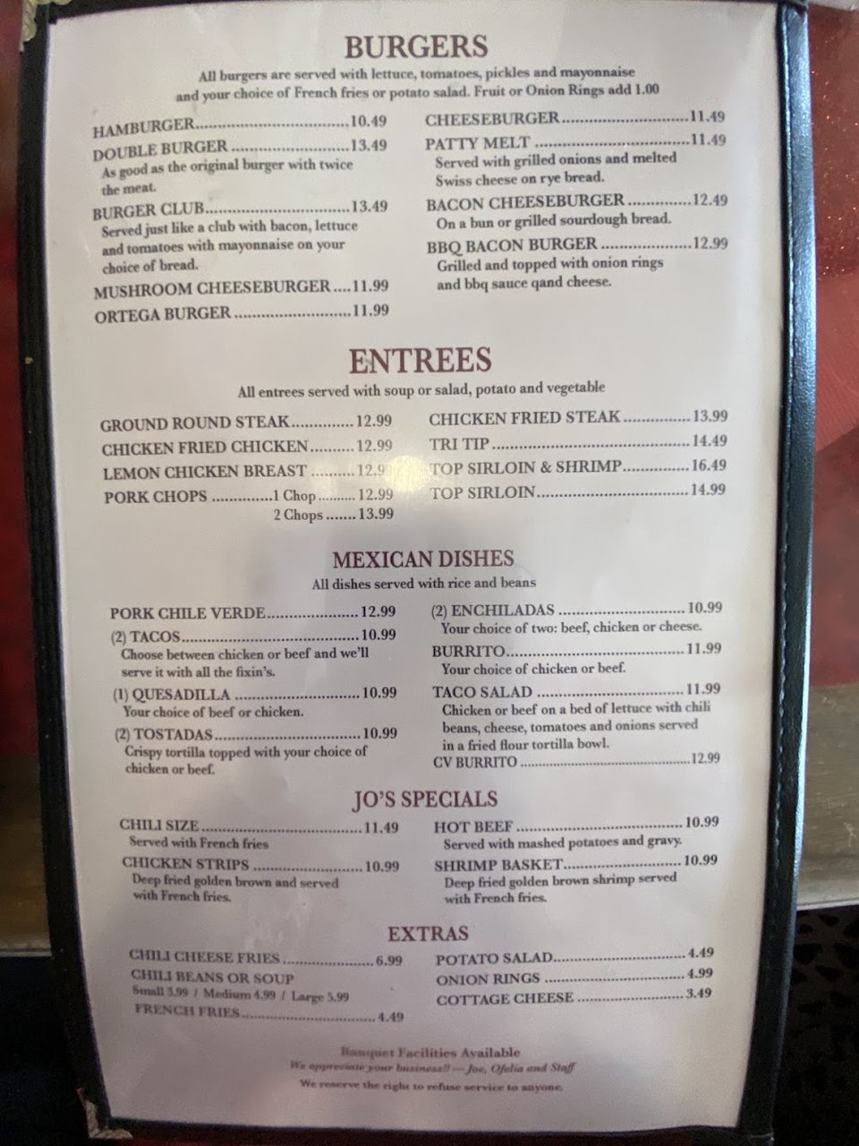 Printed menu with breakfast, lunch, and dinner choices.