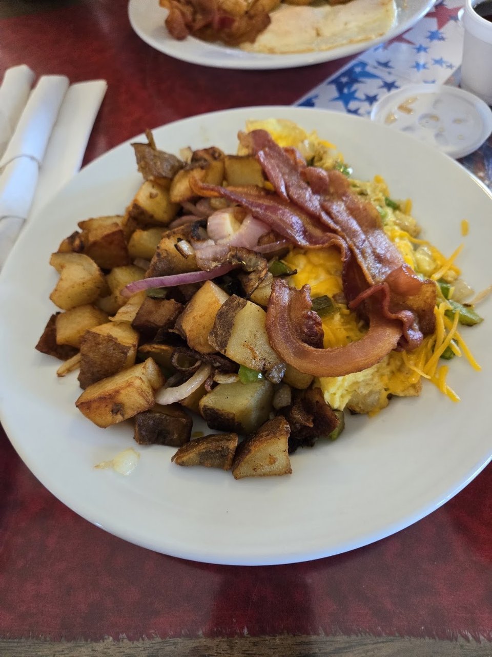 Bacon and Cheese Omelette and Cowboy Potatoes